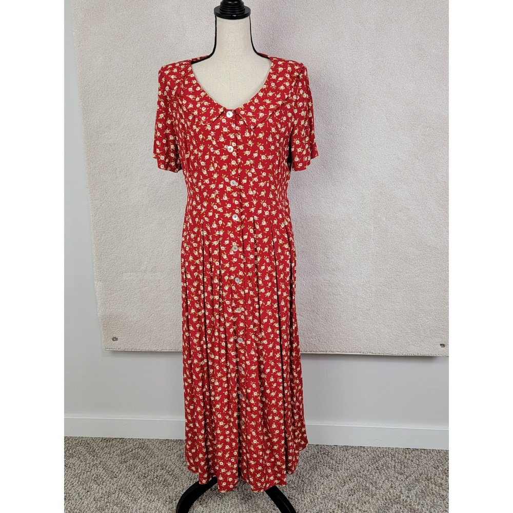 Vintage Sara Campbell Red Floral Midi Dress Petite 8P Button Front Rayon - Picture 2 of 14